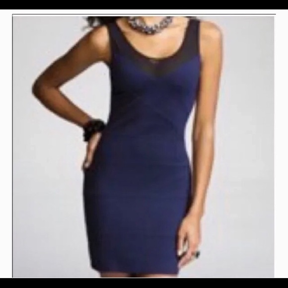 Express Navy with Black Sheer Accent Body Con Dress  Flattering Seaming Detail - Picture 2 of 10
